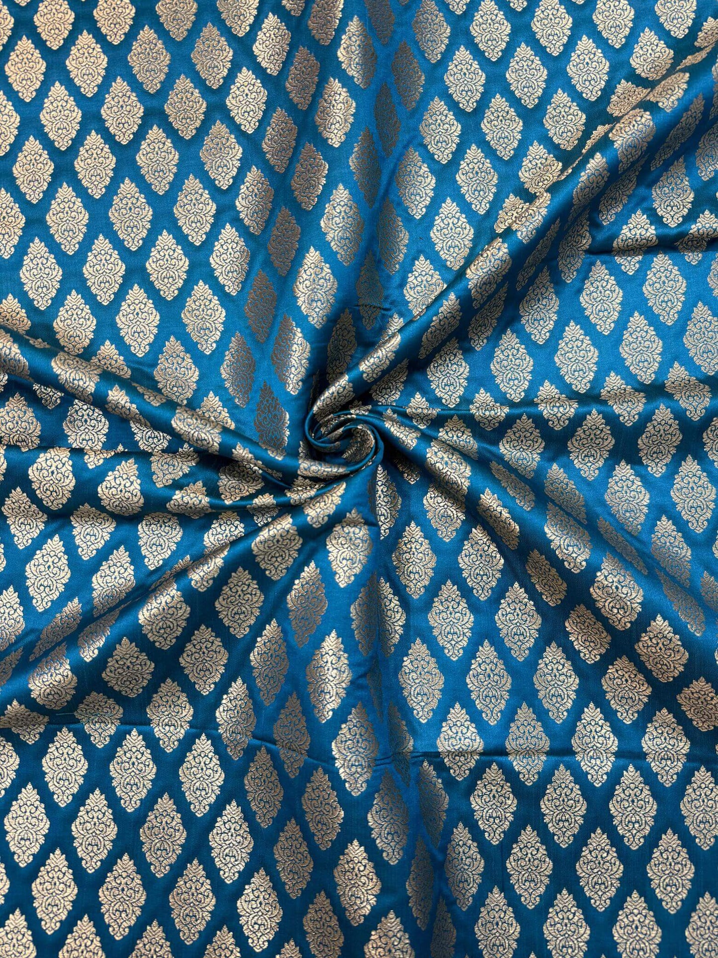 SATIN BROCADE BOOTA FABRIC – DARK FIROZI (ZARI SILK WEAVE, PER METER)