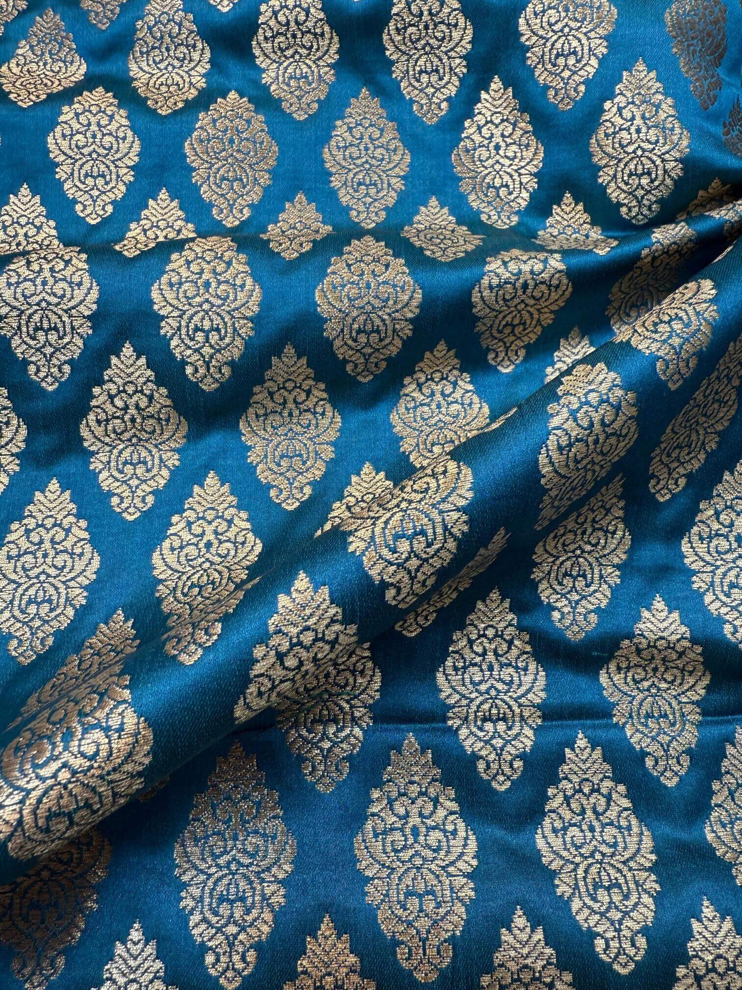 SATIN BROCADE BOOTA FABRIC – DARK FIROZI (ZARI SILK WEAVE, PER METER)