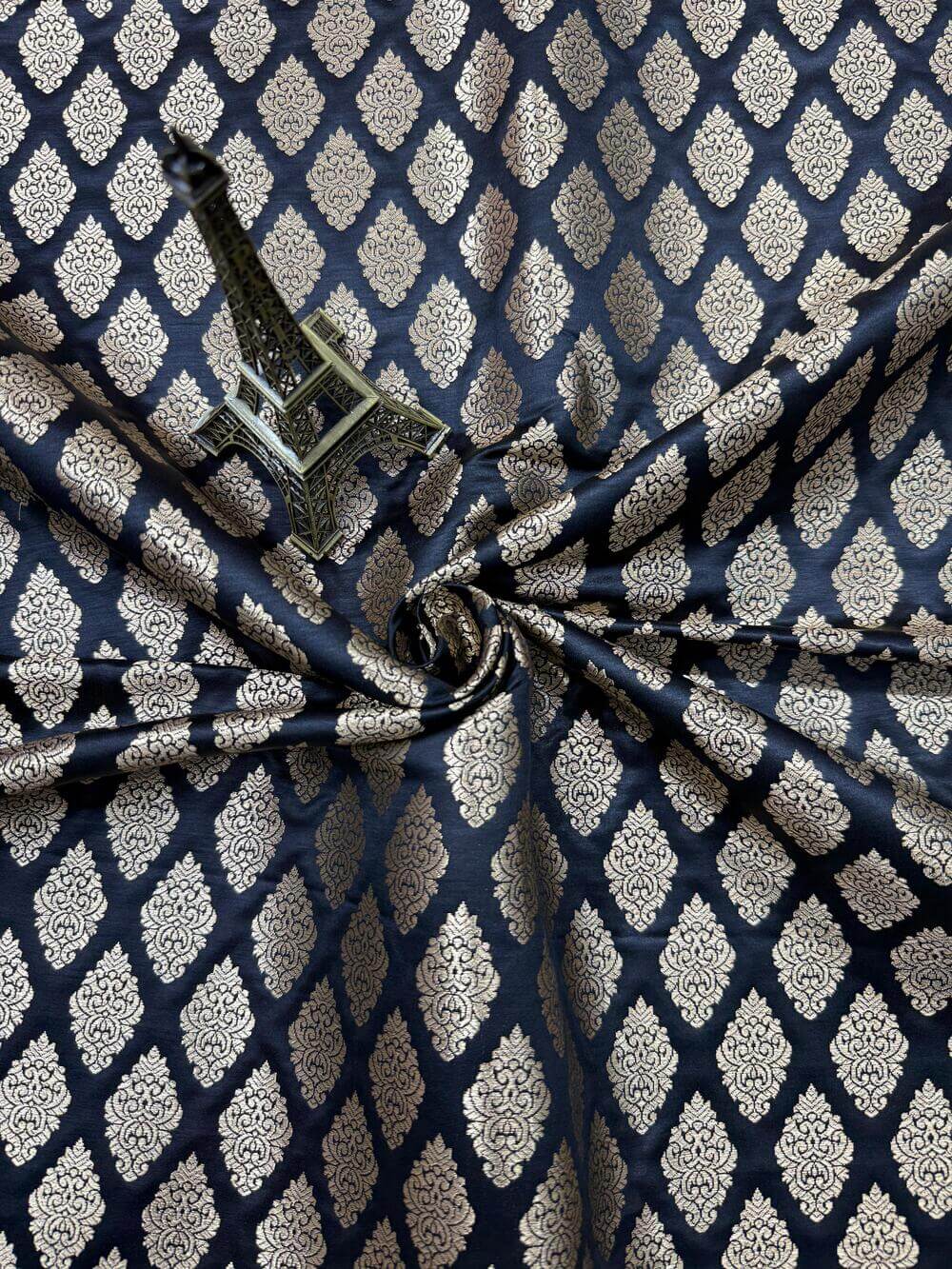 SATIN BROCADE BOOTA FABRIC – BLACK (ZARI SILK WEAVE, PER METER)