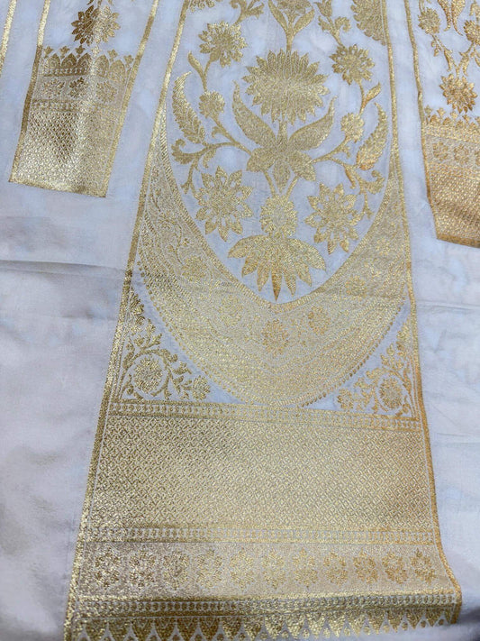 BANARASI SILK UNSTITCHED LEHENGA CHOLI SET – DYEABLE GOLDEN ZARI WEAVE (DESIGN 3)