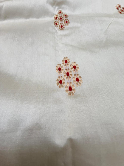 HANDLOOM CHINIYA SILK FABRIC – IVORY CREAM (KADHUWA BOOTA WITH MEENAKARI, GOLDEN ZARI WEAVE, DYEABLE, PER METER)