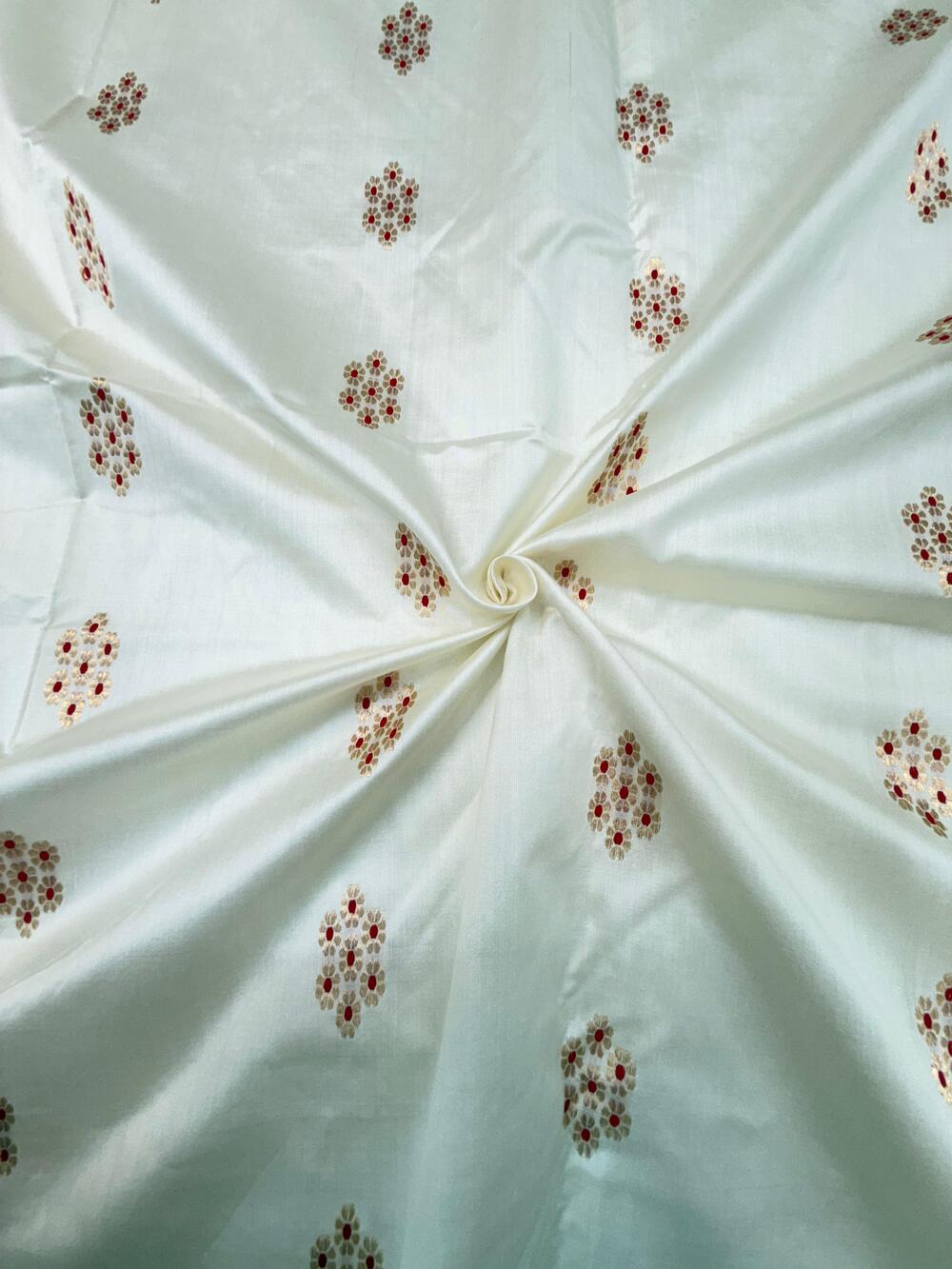 HANDLOOM CHINIYA SILK FABRIC – IVORY CREAM (KADHUWA BOOTA WITH MEENAKARI, GOLDEN ZARI WEAVE, DYEABLE, PER METER)