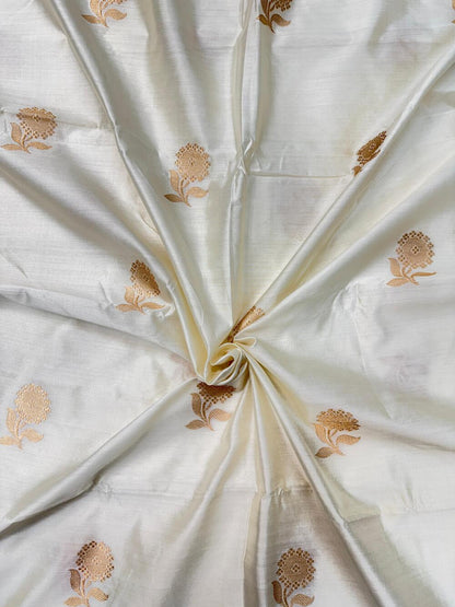 HANDLOOM CHINIYA SILK FABRIC – IVORY CREAM (KADHUWA BOOTA, GOLDEN ZARI WEAVE, DYEABLE, PER METER)