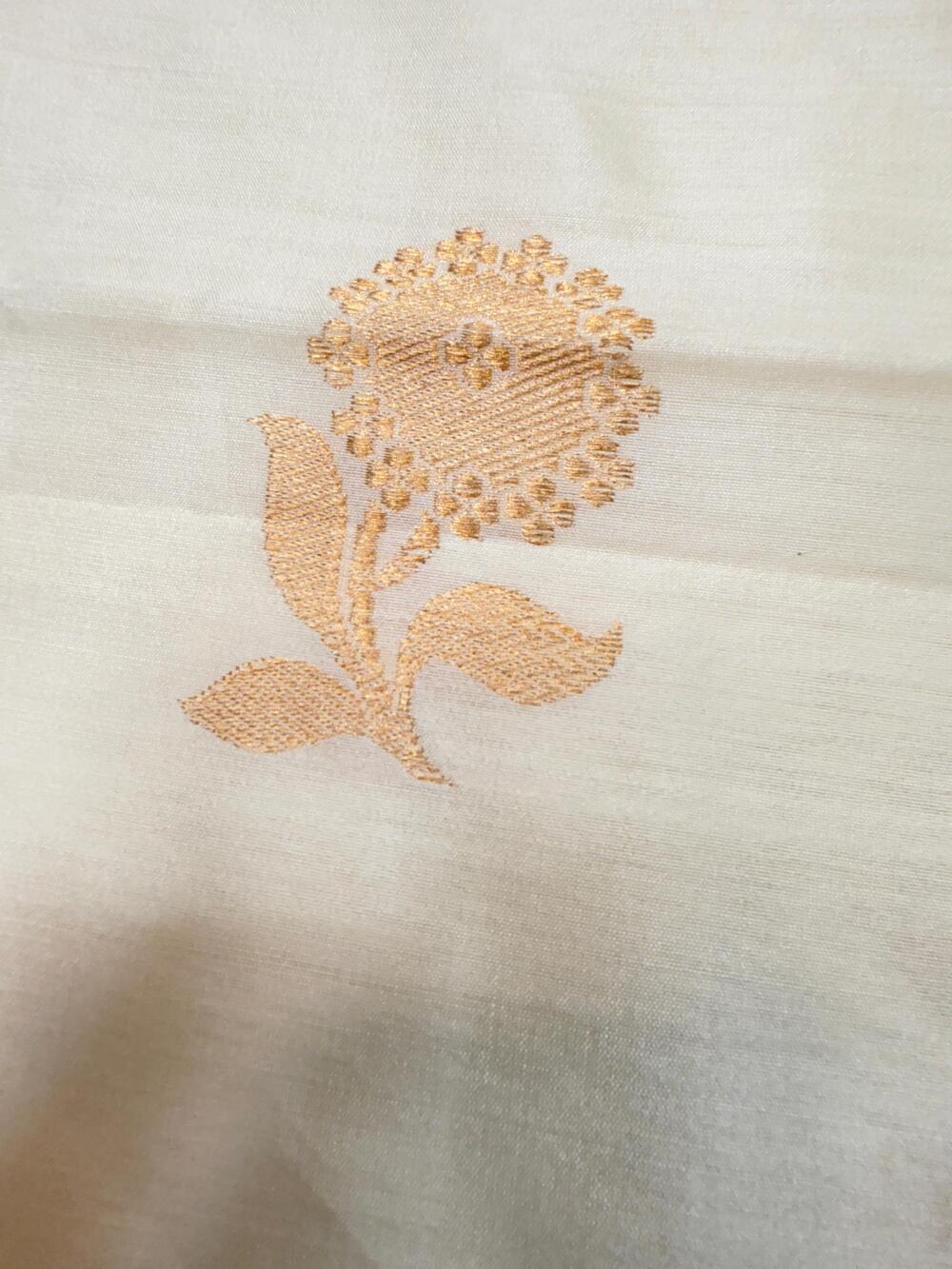 HANDLOOM CHINIYA SILK FABRIC – IVORY CREAM (KADHUWA BOOTA, GOLDEN ZARI WEAVE, DYEABLE, PER METER)