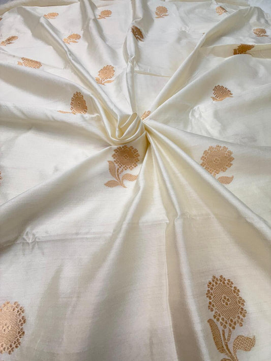 HANDLOOM CHINIYA SILK FABRIC – IVORY CREAM (KADHUWA BOOTA, GOLDEN ZARI WEAVE, DYEABLE, PER METER)