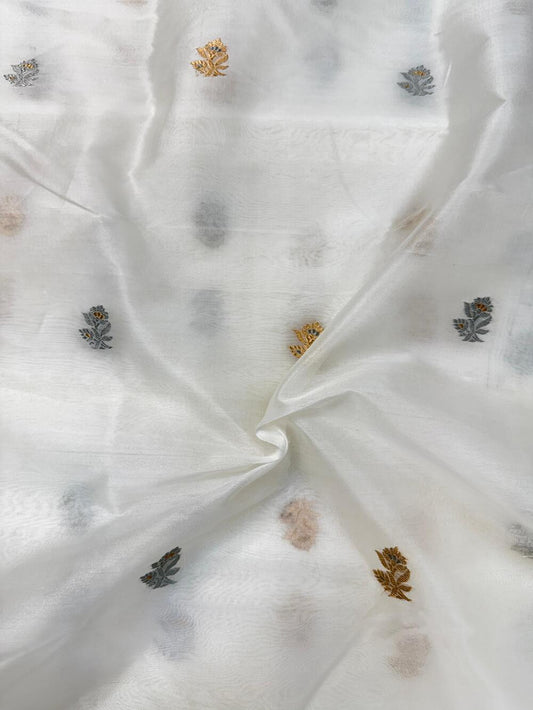 HANDLOOM ORGANZA SILK FABRIC – WHITE (KADHUWA BOOTA, SONA RUPA ZARI WITH MEENAKARI, DYEABLE)