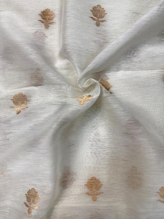 HANDLOOM PURE LINEN SILK FABRIC – WHITE (KADHUWA BOOTA, GOLD ZARI WEAVE, DYEABLE)
