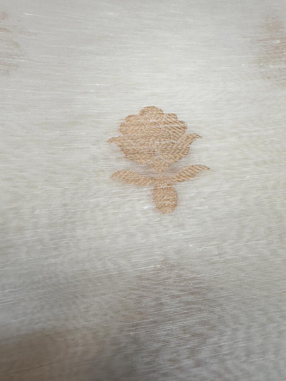 HANDLOOM PURE LINEN SILK FABRIC – WHITE (KADHUWA BOOTA, GOLD ZARI WEAVE, DYEABLE)
