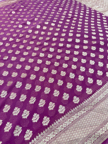 KHADDI GEORGETTE CHIFFON SILK HANDLOOM SAREE – DARK ONION (ALLOVER BOOTI, HANDWOVEN)