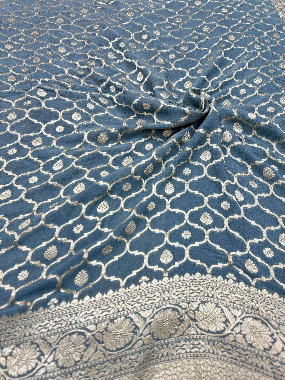 KHADDI GEORGETTE CHIFFON SILK HANDLOOM SAREE – GRAY (ALL OVER JAAL, HANDWOVEN)