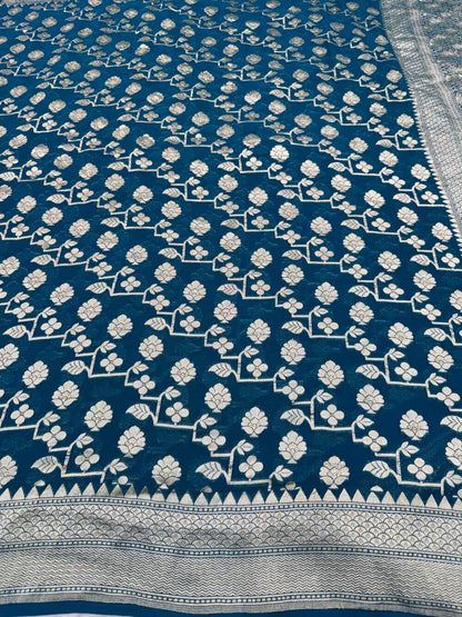 KHADDI GEORGETTE CHIFFON SILK HANDLOOM SAREE – GERMAN BLUE RAMA (ALLOVER JAAL, HANDWOVEN)