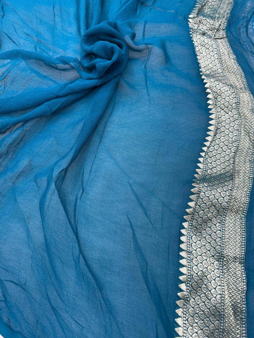 KHADDI GEORGETTE CHIFFON SILK HANDLOOM SAREE – GERMAN BLUE RAMA (ALLOVER JAAL, HANDWOVEN)