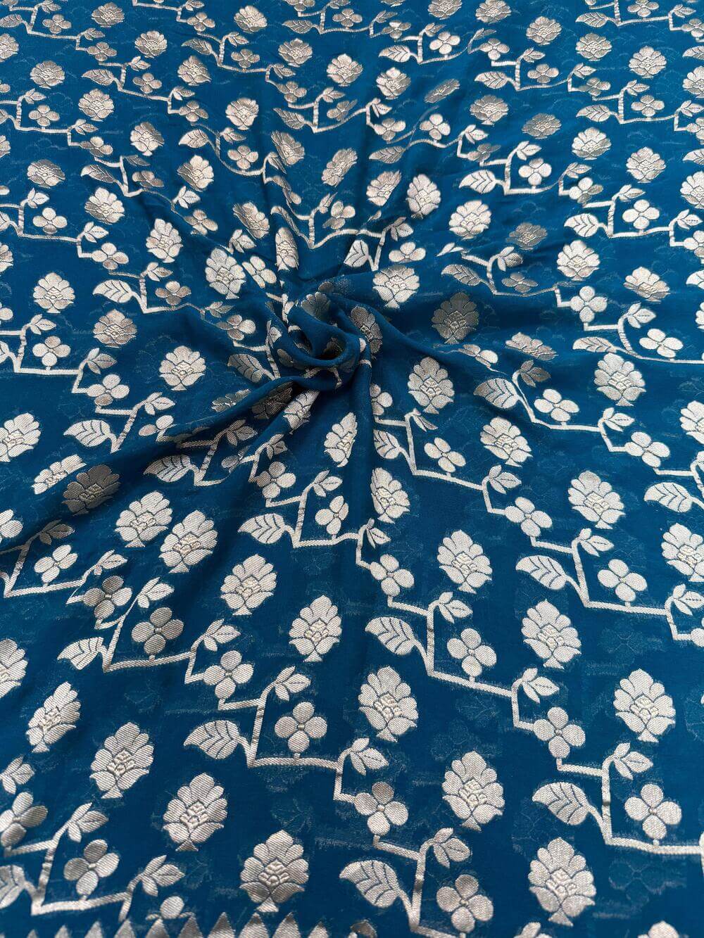 KHADDI GEORGETTE CHIFFON SILK HANDLOOM SAREE – GERMAN BLUE RAMA (ALLOVER JAAL, HANDWOVEN)