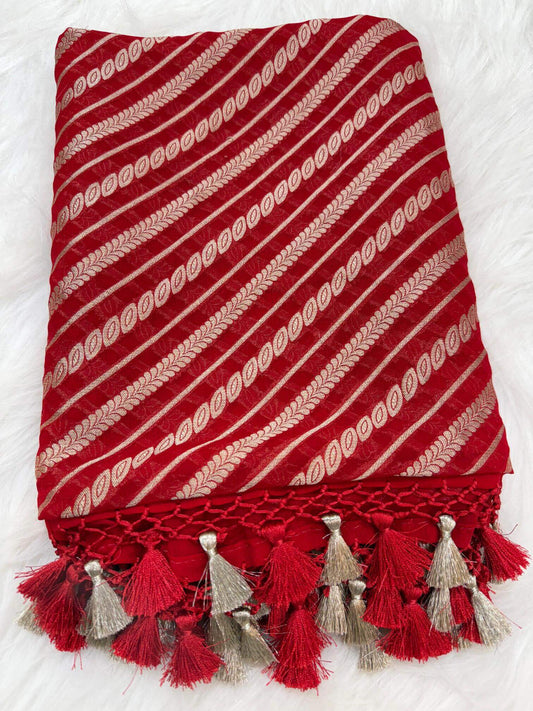 KHADDI GEORGETTE AADA DESIGN DUPATTA WITH WATER ZARI – RED