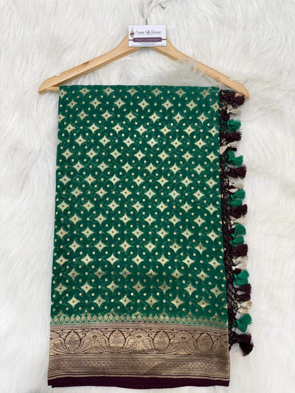 KHADDI GEORGETTE BOOTI DESIGN DUPATTA WITH WATER ZARI – PAKISTANI GREEN & BROWN BORDER