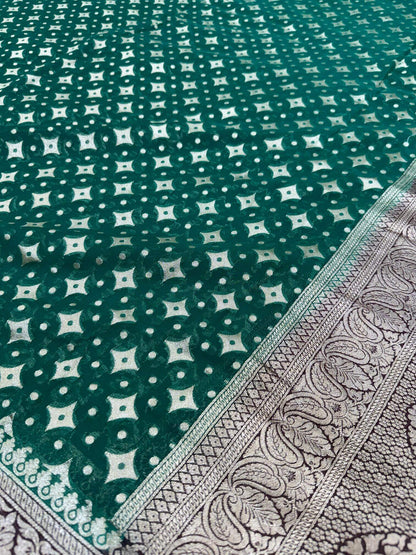 KHADDI GEORGETTE BOOTI DESIGN DUPATTA WITH WATER ZARI – PAKISTANI GREEN & BROWN BORDER