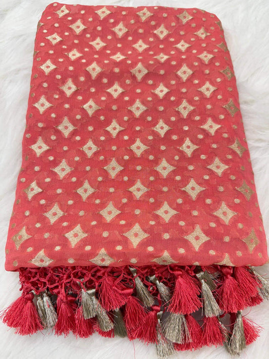 KHADDI GEORGETTE BOOTI DESIGN DUPATTA WITH WATER ZARI – PEACH