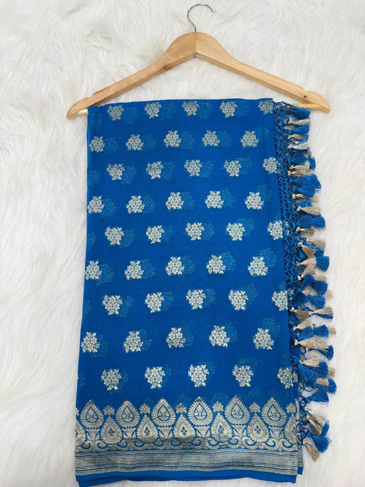 KHADDI GEORGETTE BOOTI DESIGN DUPATTA WITH WATER ZARI – PEACOCK
