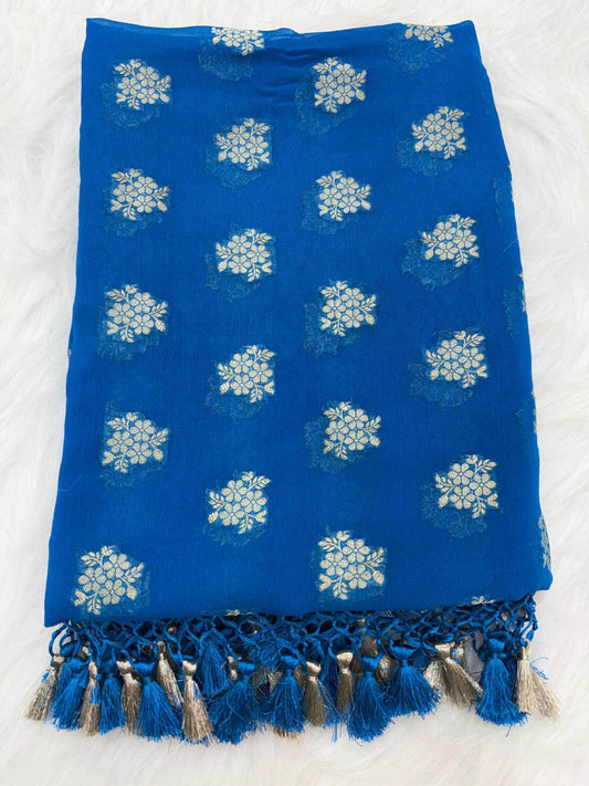KHADDI GEORGETTE BOOTI DESIGN DUPATTA WITH WATER ZARI – PEACOCK