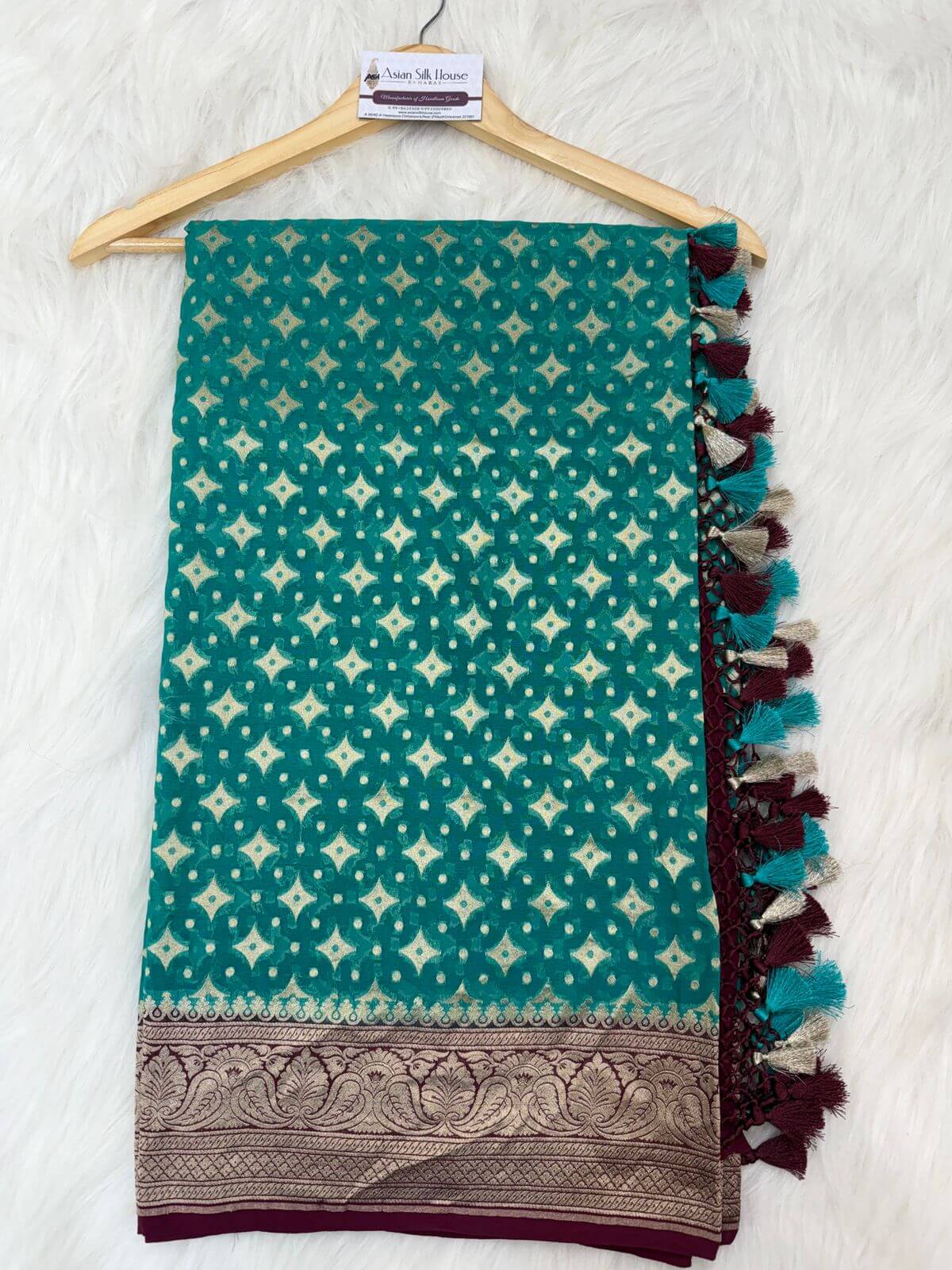 KHADDI GEORGETTE BOOTI DESIGN DUPATTA WITH WATER ZARI – SAFFAIRE GREEN & BROWN BORDER