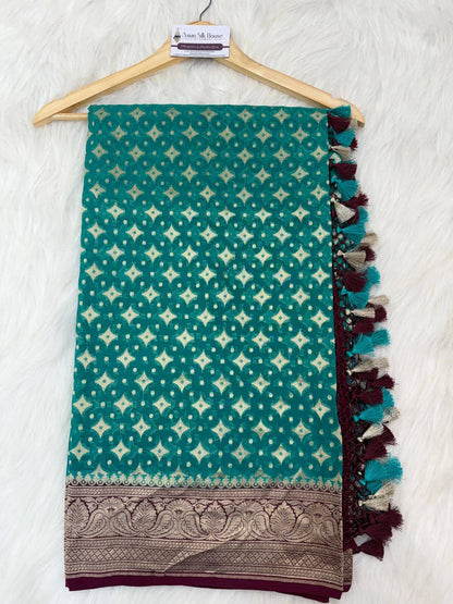 KHADDI GEORGETTE BOOTI DESIGN DUPATTA WITH WATER ZARI – SAFFAIRE GREEN & BROWN BORDER