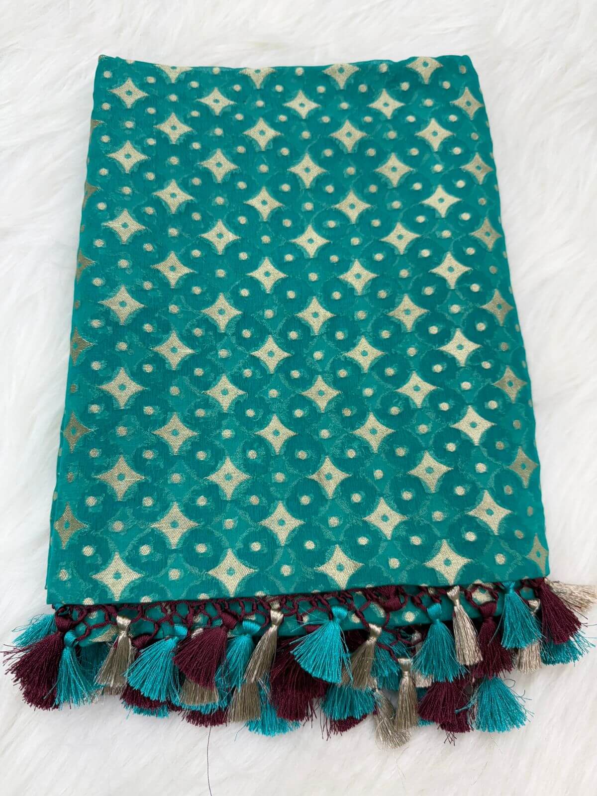 KHADDI GEORGETTE BOOTI DESIGN DUPATTA WITH WATER ZARI – SAFFAIRE GREEN & BROWN BORDER