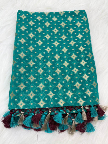 KHADDI GEORGETTE BOOTI DESIGN DUPATTA WITH WATER ZARI – SAFFAIRE GREEN & BROWN BORDER