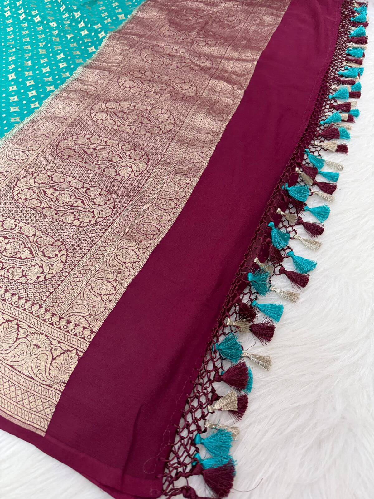 KHADDI GEORGETTE BOOTI DESIGN DUPATTA WITH WATER ZARI – SAFFAIRE GREEN & BROWN BORDER