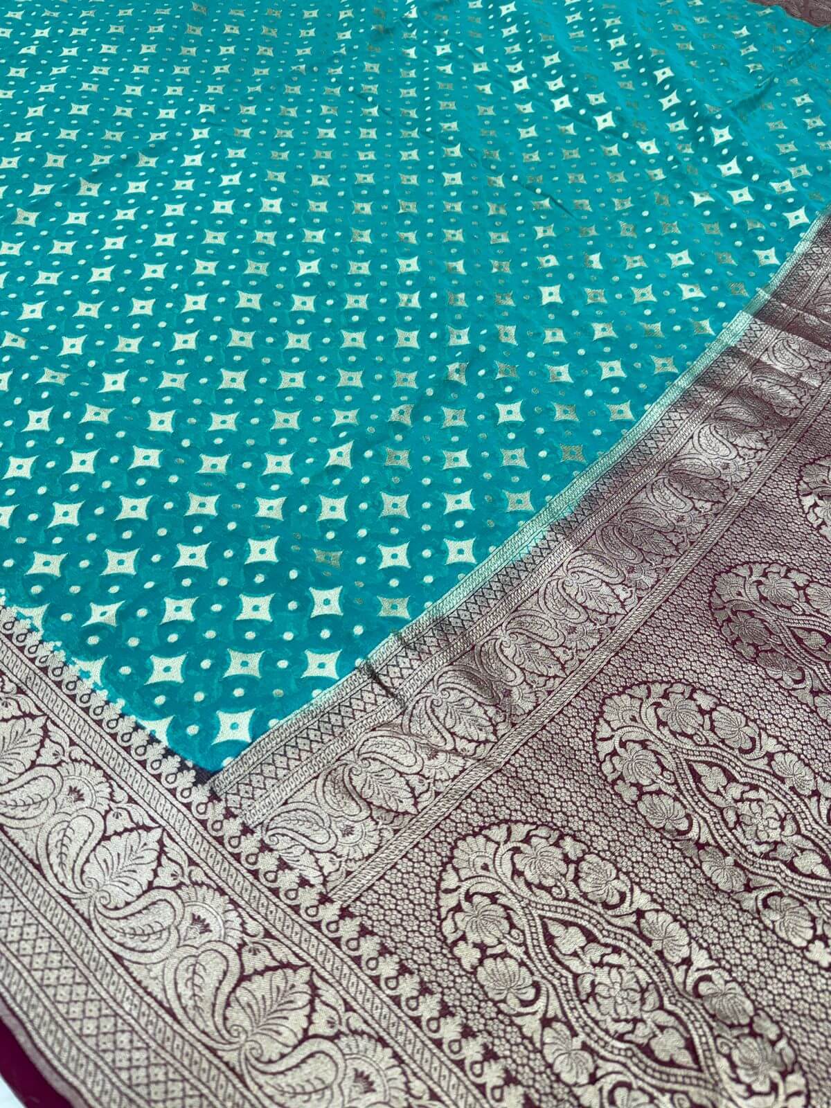 KHADDI GEORGETTE BOOTI DESIGN DUPATTA WITH WATER ZARI – SAFFAIRE GREEN & BROWN BORDER