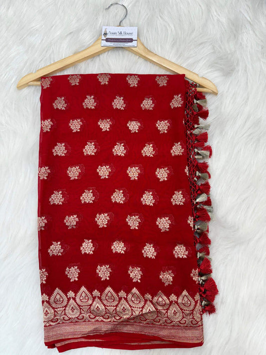 KHADDI GEORGETTE BOOTI DESIGN DUPATTA WITH WATER ZARI – TOMATO RED