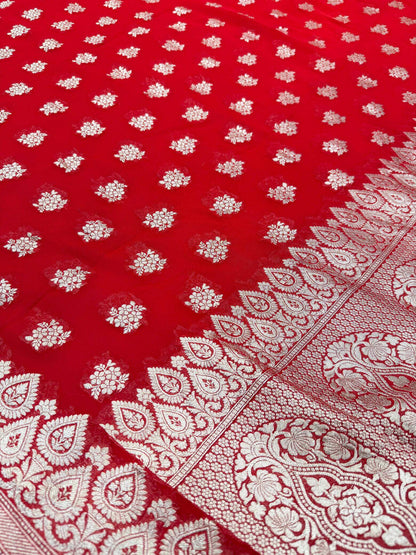 KHADDI GEORGETTE BOOTI DESIGN DUPATTA WITH WATER ZARI – TOMATO RED