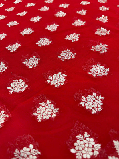 KHADDI GEORGETTE BOOTI DESIGN DUPATTA WITH WATER ZARI – TOMATO RED