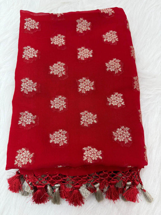 KHADDI GEORGETTE BOOTI DESIGN DUPATTA WITH WATER ZARI – TOMATO RED