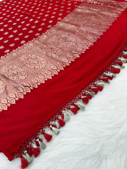 KHADDI GEORGETTE BOOTI DESIGN DUPATTA WITH WATER ZARI – TOMATO RED