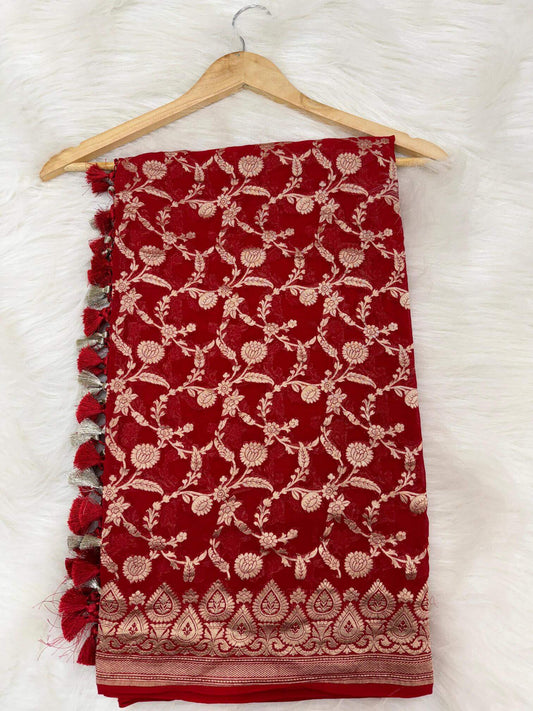 KHADDI GEORGETTE JAAL DESIGN DUPATTA WITH WATER ZARI – RED