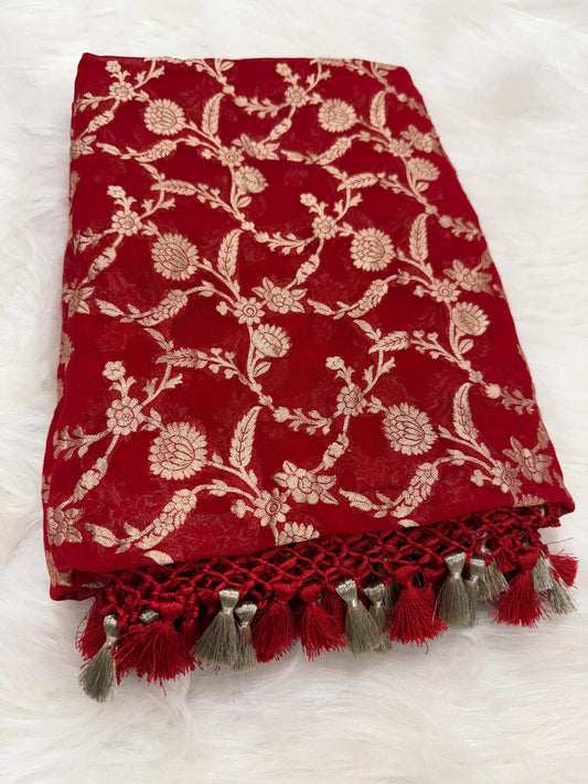 KHADDI GEORGETTE JAAL DESIGN DUPATTA WITH WATER ZARI – RED