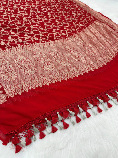 KHADDI GEORGETTE JAAL DESIGN DUPATTA WITH WATER ZARI – RED