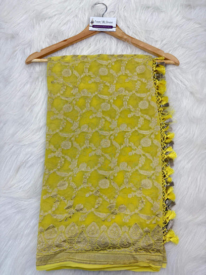 KHADDI GEORGETTE JAAL DESIGN DUPATTA WITH WATER ZARI – YELLOW