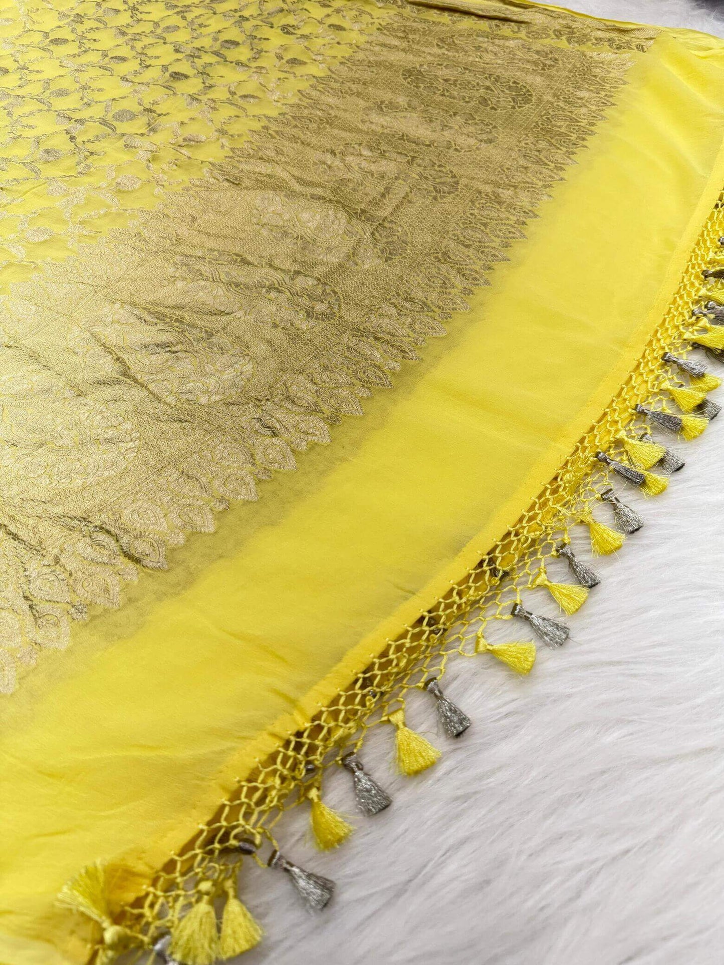 KHADDI GEORGETTE JAAL DESIGN DUPATTA WITH WATER ZARI – YELLOW