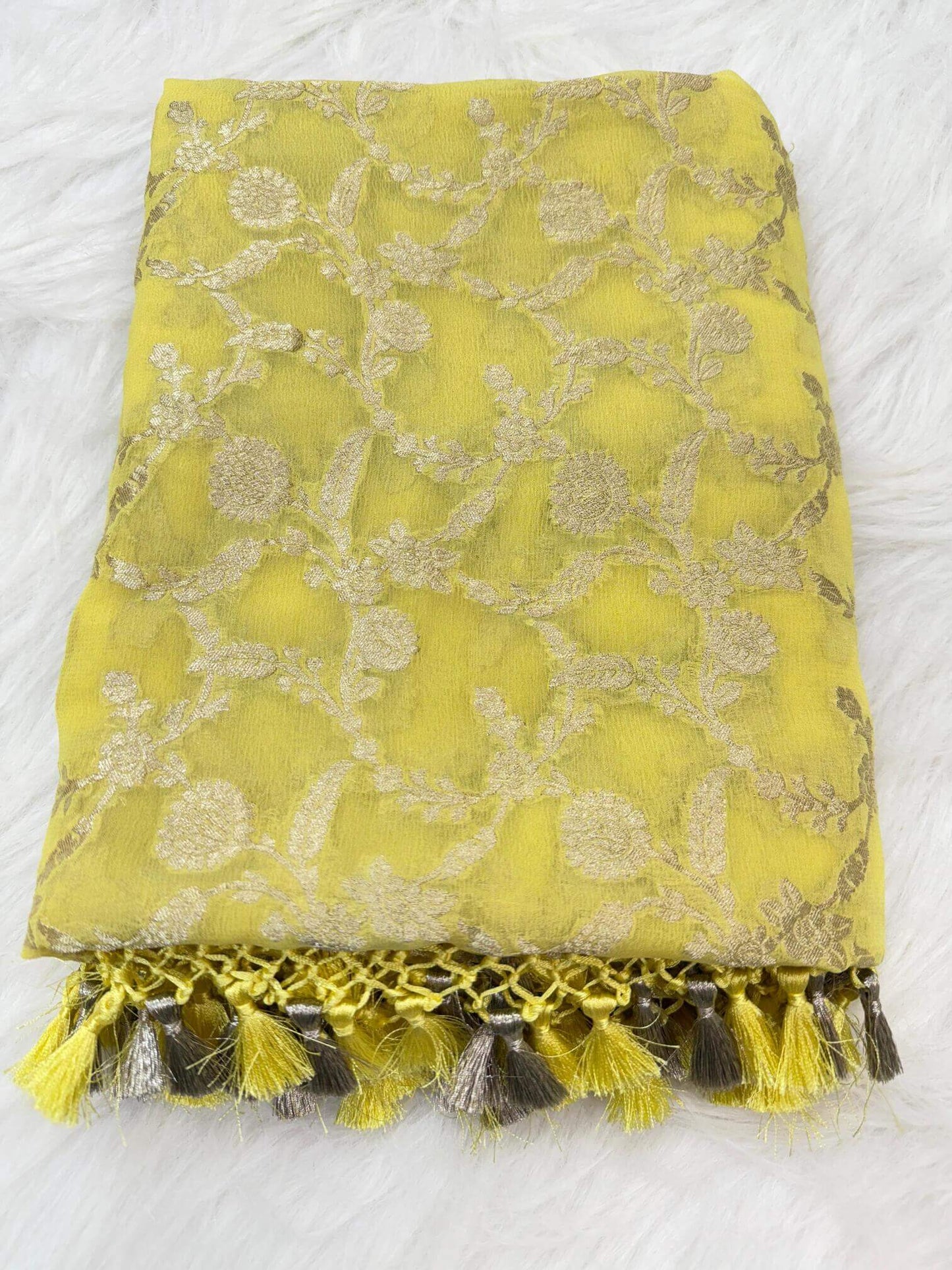 KHADDI GEORGETTE JAAL DESIGN DUPATTA WITH WATER ZARI – YELLOW