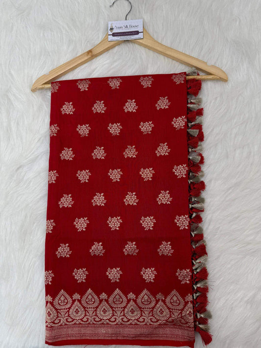 KHADDI MOONGA GEORGETTE BOOTI DESIGN DUPATTA WITH WATER ZARI – TOMATO RED