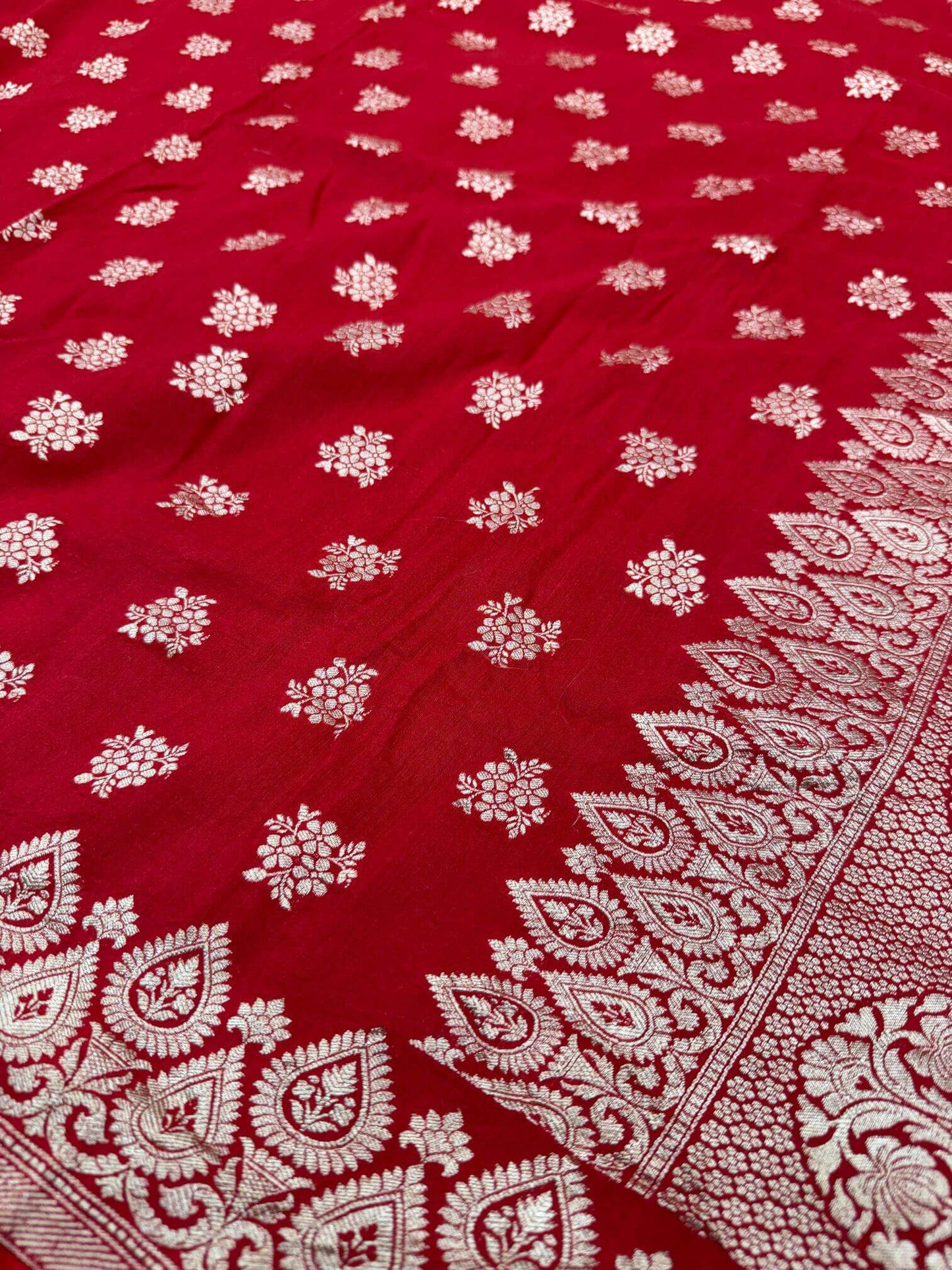 KHADDI MOONGA GEORGETTE BOOTI DESIGN DUPATTA WITH WATER ZARI – TOMATO RED
