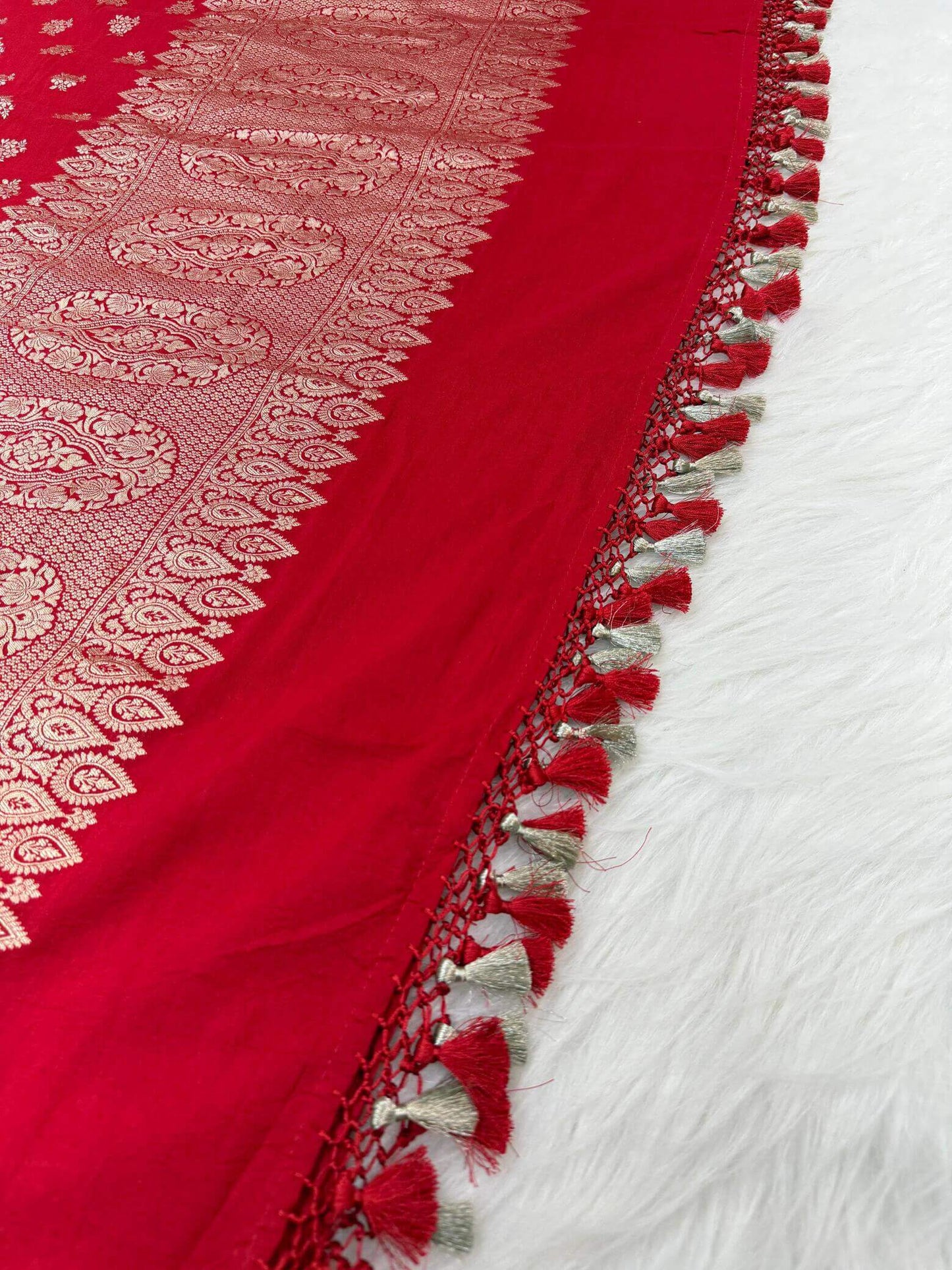 KHADDI MOONGA GEORGETTE BOOTI DESIGN DUPATTA WITH WATER ZARI – TOMATO RED