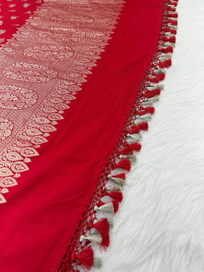 KHADDI MOONGA GEORGETTE BOOTI DESIGN DUPATTA WITH WATER ZARI – TOMATO RED