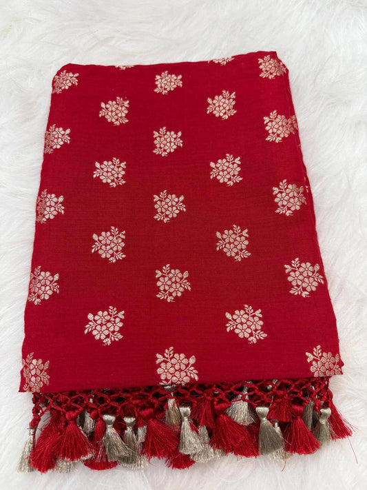 KHADDI MOONGA GEORGETTE BOOTI DESIGN DUPATTA WITH WATER ZARI – TOMATO RED
