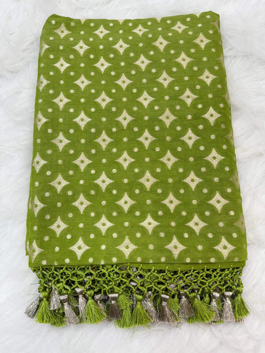 KHADDI MOONGA SILK BOOTI DESIGN DUPATTA WITH WATER ZARI – PARROT GREEN