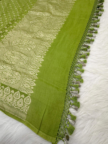 KHADDI MOONGA SILK BOOTI DESIGN DUPATTA WITH WATER ZARI – PARROT GREEN