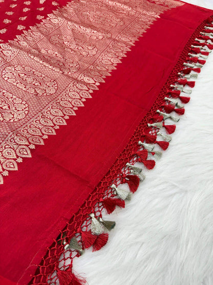 KHADDI MOONGA SILK BOOTI DESIGN DUPATTA WITH WATER ZARI – RED