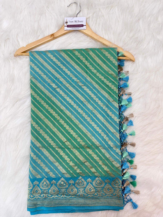 KHADDI MOONGA SILK STRIPE DESIGN DUPATTA WITH WATER ZARI – GREEN & FIROZI