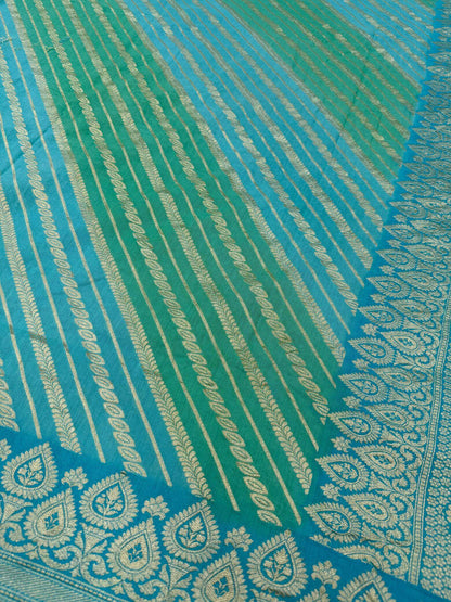 KHADDI MOONGA SILK STRIPE DESIGN DUPATTA WITH WATER ZARI – GREEN & FIROZI